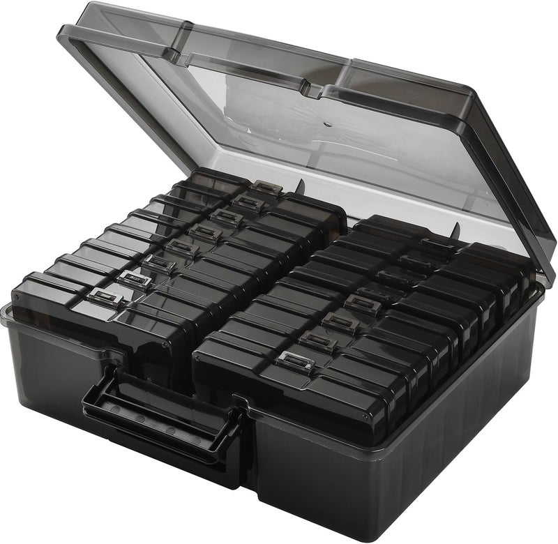 Haundry Photo Storage Box with 16 Inner 4" x 6" Photo Case, Portable Storage Organizer with Handle Craft Keeper for Picture, Stickers, Stamps, Screws, Hair Clips, Black - Image 1